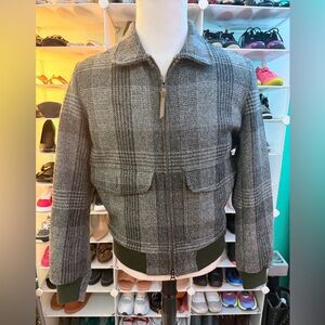 Todd Snyder x Golden Bear Gray Plaid Bomber Jacket with Green Trim HarrisTweed M